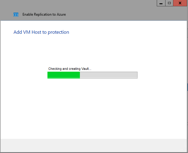 A screenshot showing the Enable Replication To Azure dialog. A progress bar is displayed as a host is being added.