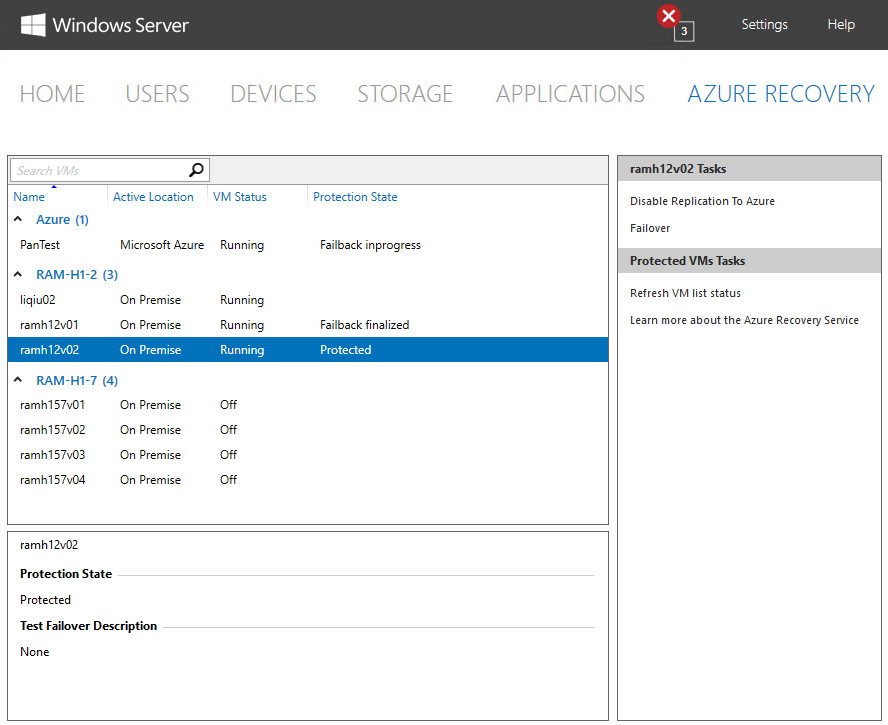 A screenshot showing the Azure Recovery page of the Windows Server Essentials dashboard. Two Hyper-V hosts are displayed along with the virtual machines running on these hosts. A virtual machine named ramh12v02 on host RAM-H1-2 is selected, and replication to Azure is currently enabled for this virtual machine.
