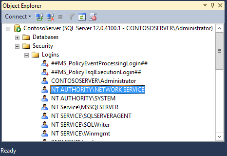 Screenshot of the Object Explorer showing N T AUTHORITY NETWORK SERVICE under Logins.