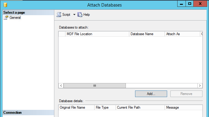 Screenshot of the Attach Databases dialog box with the Add option highlighted.