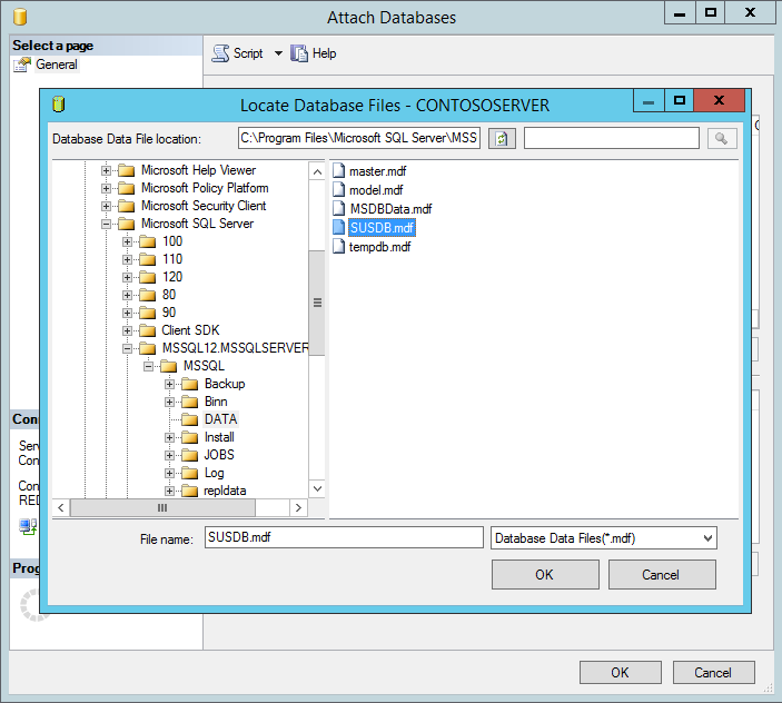 Screenshot of the Locate Database Files dialog box with the S U S D B M D F file highlighted.
