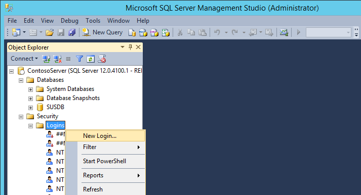 Screenshot of SQL Server Management Studio showing the Logins > New Login option selected.