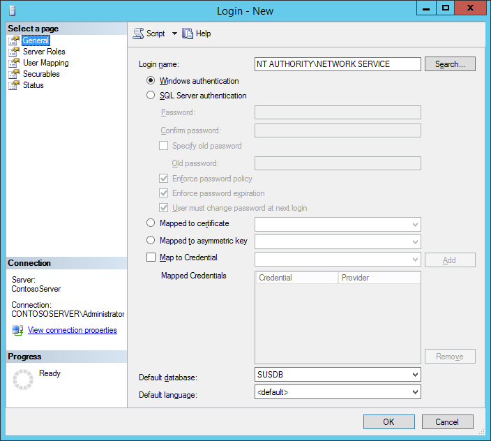 Screenshot of the General page of the Login dialog box showing the Login name and Defualt database fields populated.