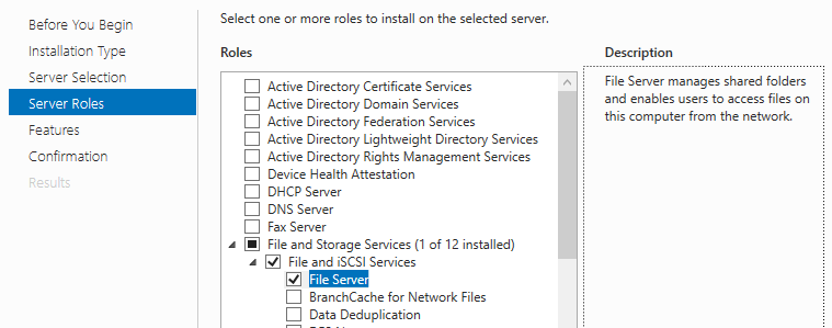 Screenshot of the Server Roles  page of the Add Roles and Features dialog box showing the File Server option selected and highlighted.