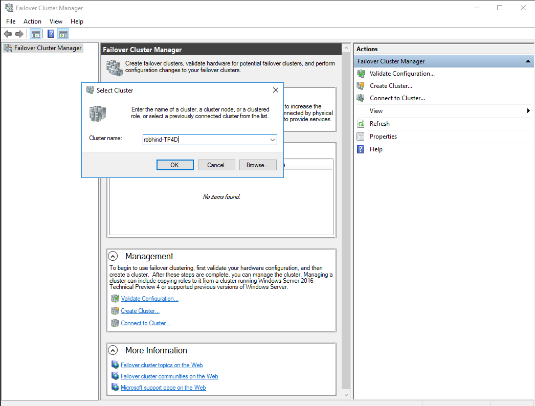 Screencap showing the select cluster dialog