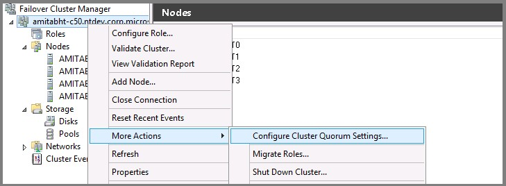 A screenshot of the drop-down menu in the Failover Cluster Manager UI that takes you to Configure Cluster Quorum Settings.