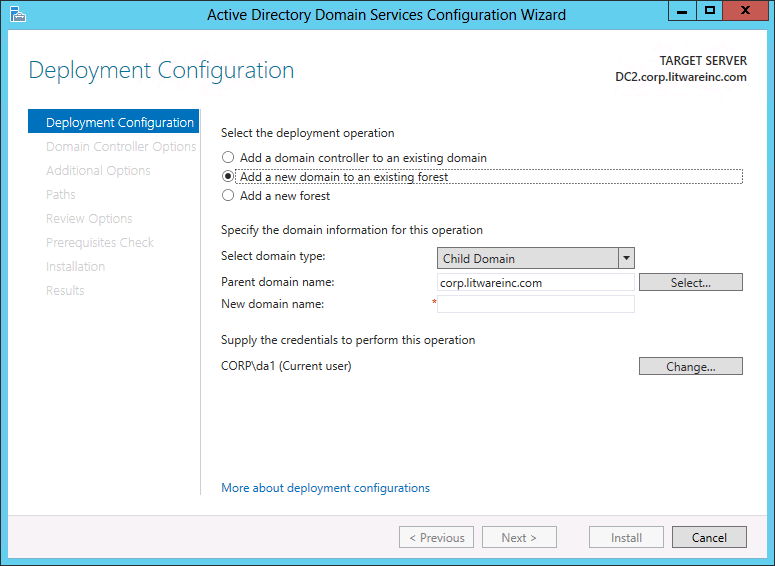 Screenshot of the Deployment Configuration page of the Active Directory Domain Services Configuration Wizard showing the options that appear when you create a new domain.