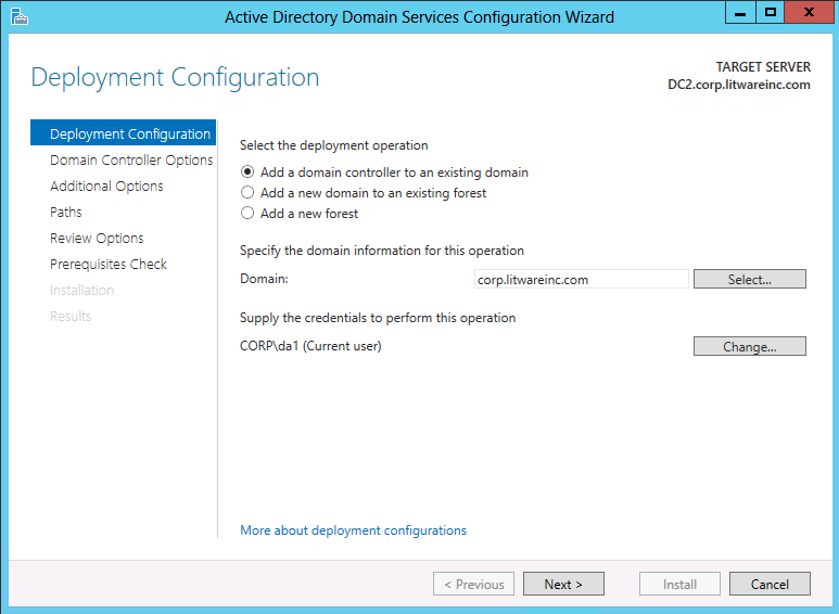 Screenshot of the Deployment Configuration page of the Active Directory Domain Services Configuration Wizard showing the options that appear when you add a new domain controller to an existing domain.