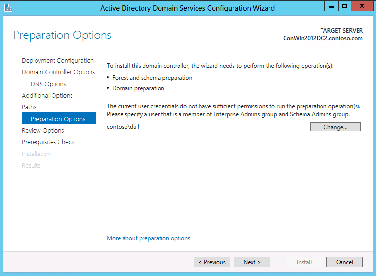 Screenshot of the Preparation Options page of the Active Directory Domain Services Configuration Wizard.