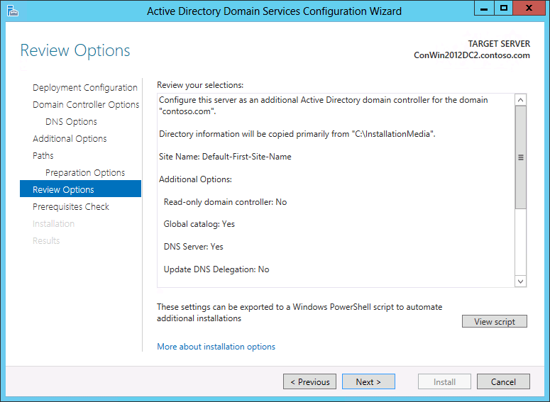 Screenshot of the Review Options page of the Active Directory Domain Services Configuration Wizard.