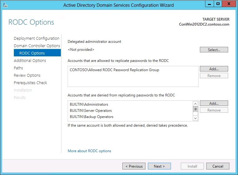 Screenshot of the RODC Options page of the Active Directory Domain Services Configuration Wizard showing the options that appear when you install a read-only domain controller.