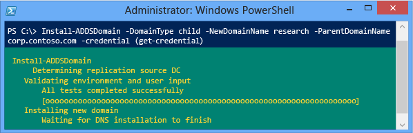 Screenshot of a terminal window that shows the installation progress with the minimum required arguments of -domaintype, -newdomainname, -parentdomainname, and -credential.