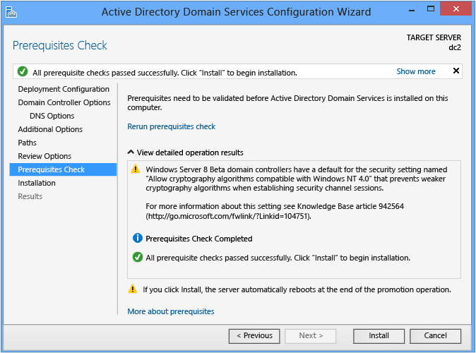 Screenshot that shows the Prerequisites Check page in the Active Directory Domain Services Configuration Wizard.
