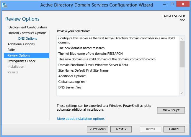 Screenshot that shows the Review Options page in the Active Directory Domain Services Configuration Wizard.