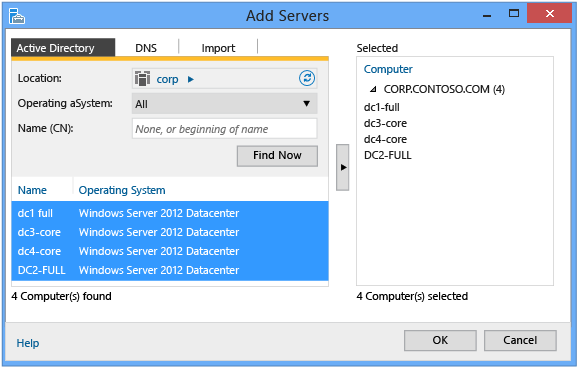 Screenshot that shows the Active Directory tab in the Add Servers dialog box.