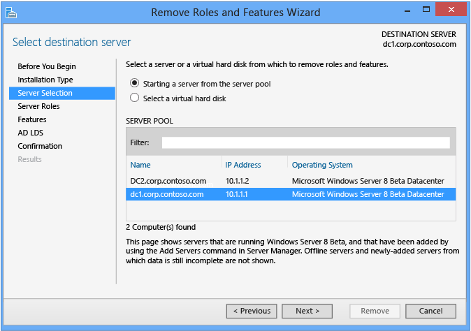 Screenshot that shows the Server Selection page in the Remove Roles and Features Wizard.
