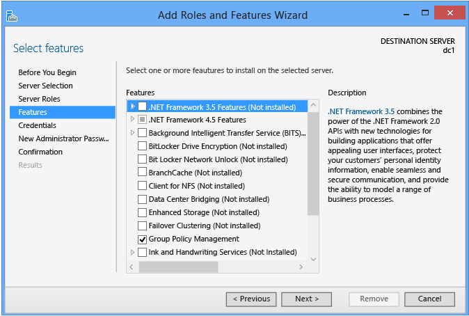 Screenshot that shows the Features page in the Add Roles and Features Wizard.