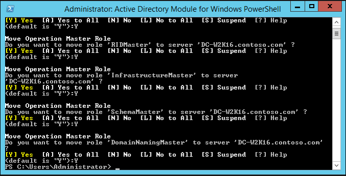 Screenshot of the Active Directory Module for Windows PowerShell window showing the results of the Move-ADDirectoryServerOperationMasterRole cmdlet.