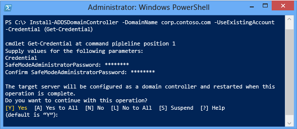 Screenshot of the PowerShell window showing the result of the Install-addsdomaincontroller cmdlet.