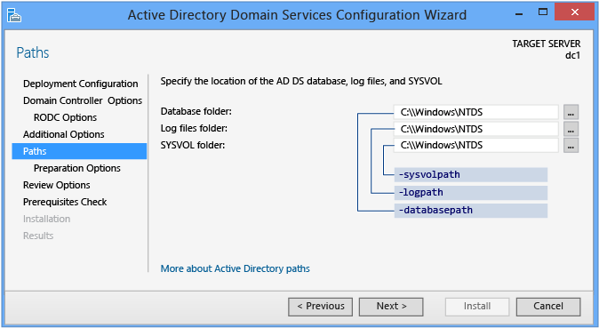 Screenshot of the Paths page of the Active Directory Domain Services Configuration Wizard when there is no staging deployment.