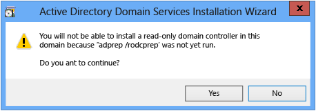 Screenshot of the warning message of the Azure Directory Domain Services Installation Wizard stating that adprep /rodcprep was not yet run.