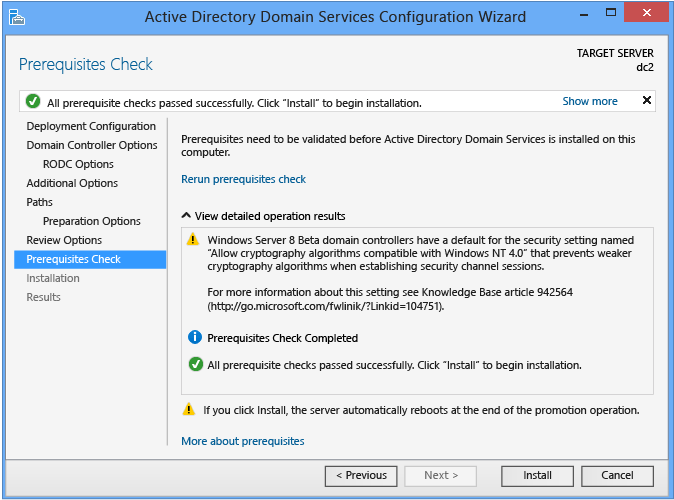 Screenshot of the Prerequisites Check page of the Active Directory Domain Services Configuration Wizard when there is no staging deployment.