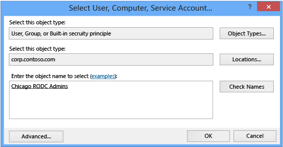 Screenshot of the Select User, Computer, Service Account dialog box.