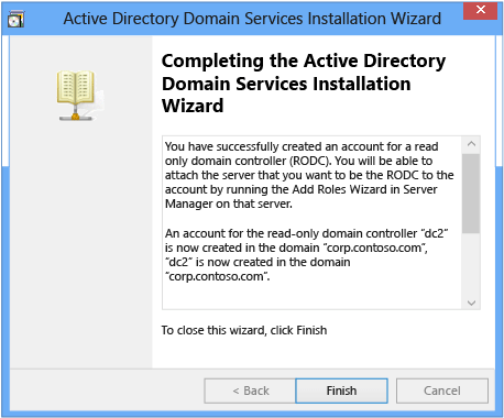 Screenshot of the last page of the Azure Directory Domain Services Installation Wizard.