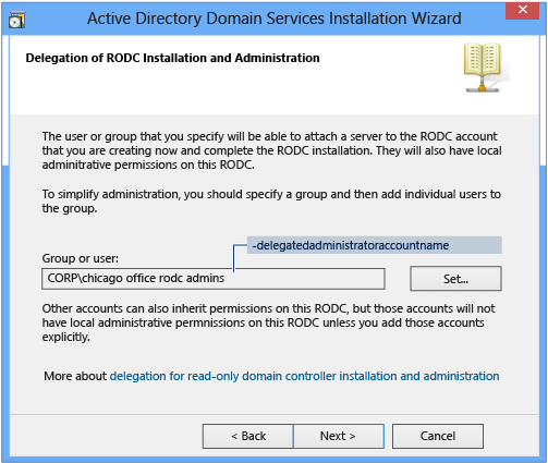 Screenshot of the Delegation of RODC Installation and Administration page of the Azure Directory Domain Services Installation Wizard.