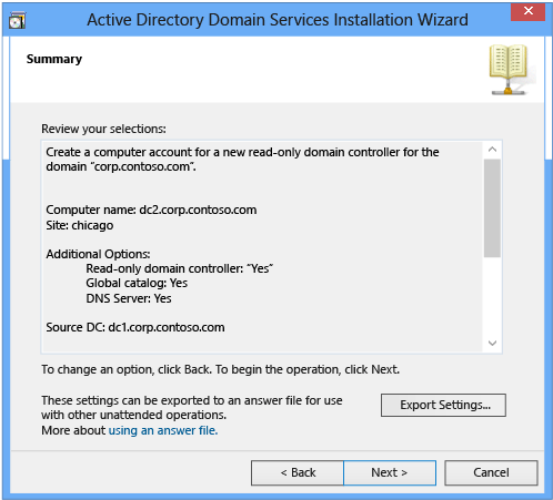 Screenshot of the Summary page of the Azure Directory Domain Services Installation Wizard.