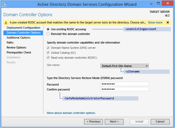 Screenshot of the Domain Controller Options page of the Active Directory Domain Services Configuration Wizard.