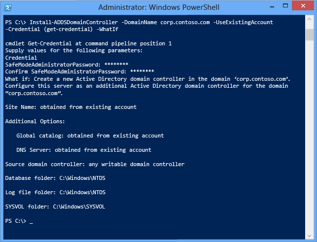 Screenshot of the PowerShell window showing the results of the Install-ADDSDomainController cmdlet.