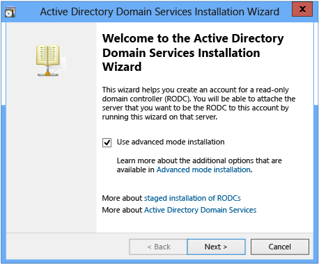 Screenshot of the Welcome page of the Azure Directory Domain Services Installation Wizard showing the Use advanced mode installation option selected.