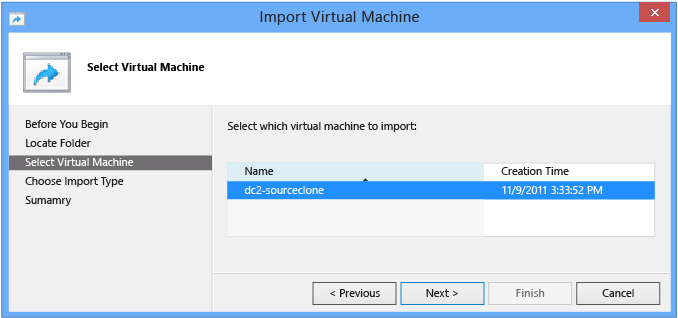 Screenshot that shows how to select which VM to import.