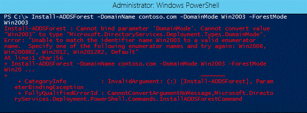 Screenshot of a terminal window that shows the -DomainMode parameter used with the Install-ADDSForest cmdlet.