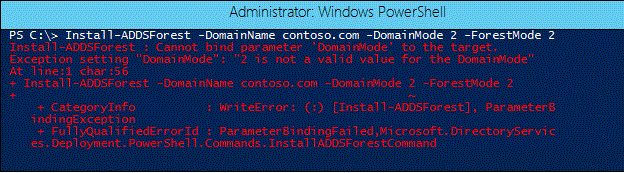 Screenshot of a terminal window that shows how to use the Install-ADDSForest cmdlet.