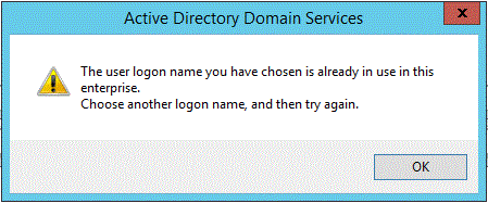 Screenshot that shows a message that says the logon name you have chosen is already in use.