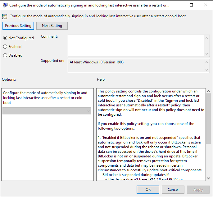 Screenshot of the Configure the mode of automatically signing in and locking last interactive user after a restart or cold boot dialog box.