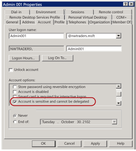 Screenshot of the Active Directory account properties window. The "Account is sensitive and cannot be delegated" checkbox is selected.