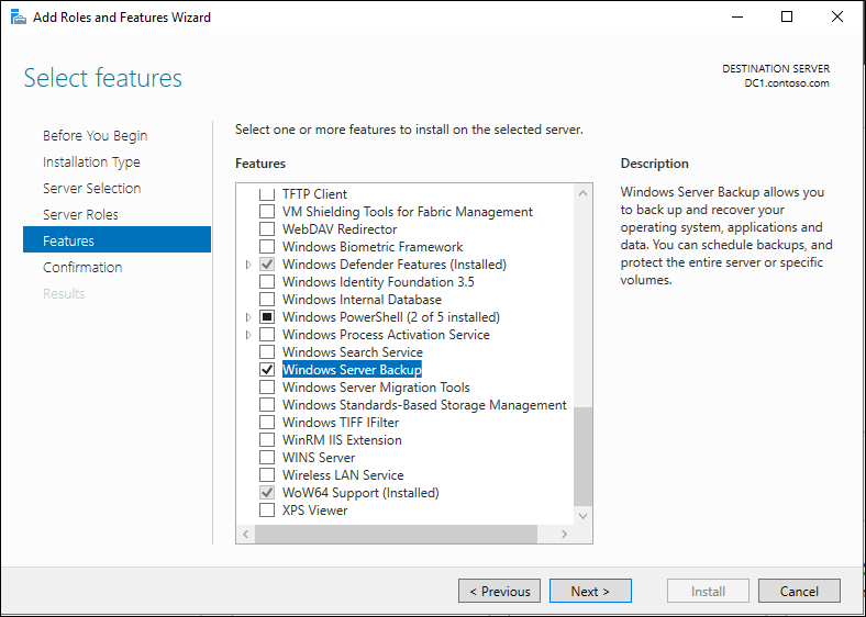 Screenshot that highlights the selected Windows Server Backup option.