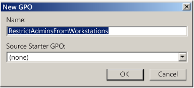 Screenshot of the "New GPO" window for entering the group name and source starter GPO.