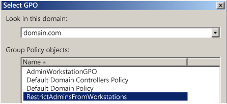 Screenshot of the "Select GPO" window, where you select a domain and Group Policy Objects.