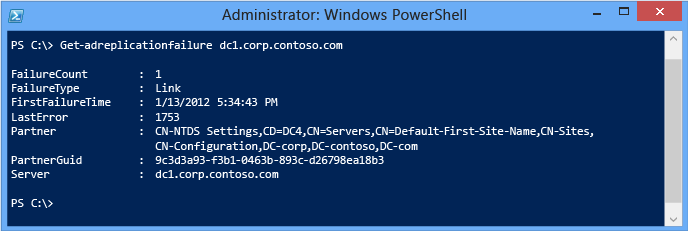 Screenshot that shows how you can return a domain controller's most recent failures and the partners he failed contacting.