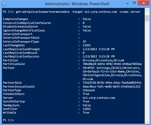 Screenshot that shows how to get the readable replication state of a single domain controller.