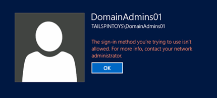 Screenshot that shows the message that indicates the sign-in method you're using isn't allowed.