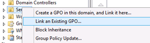 Screenshot that shows the Link an existing GPO menu option when you're attempting to link the GPO to the member server and workstation OUs.