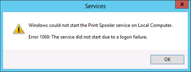 Screenshot that shows a message indicating that Windows could not start the Print Spooler on the Local Computer.