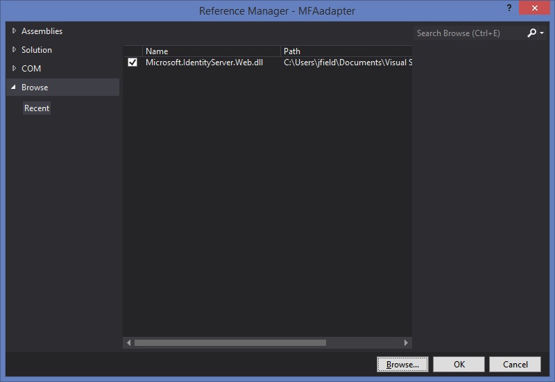 Screenshot of the Reference Manager dialog box showing the Microsoft.IdentityServer.Web.dll selected.