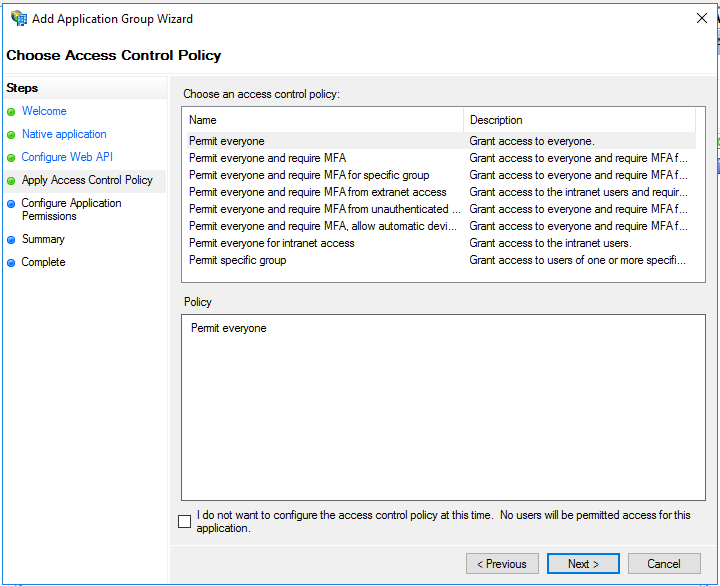 Screenshot of the Choose Access Control Policy page of the Add Application Group Wizard.