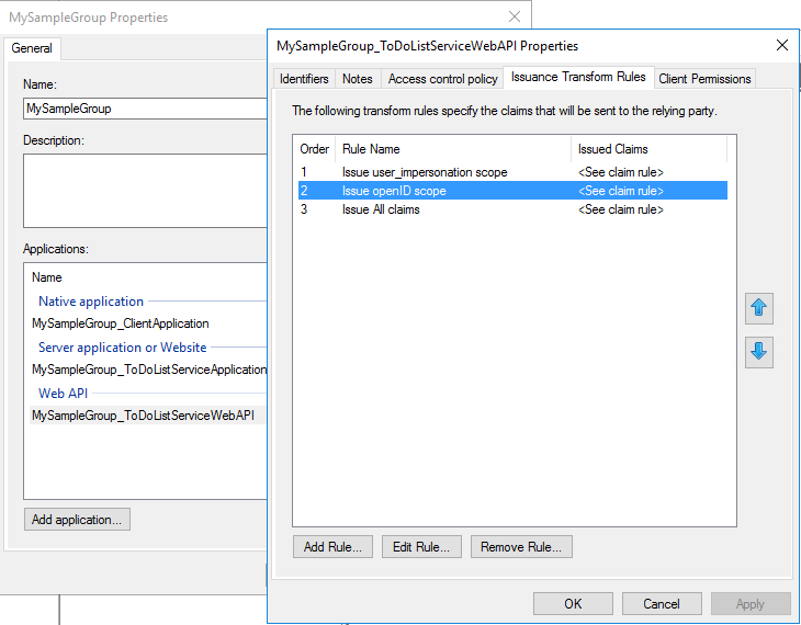 Screenshot of the Properties dialog box showing the Issuance Transform Rules tab.